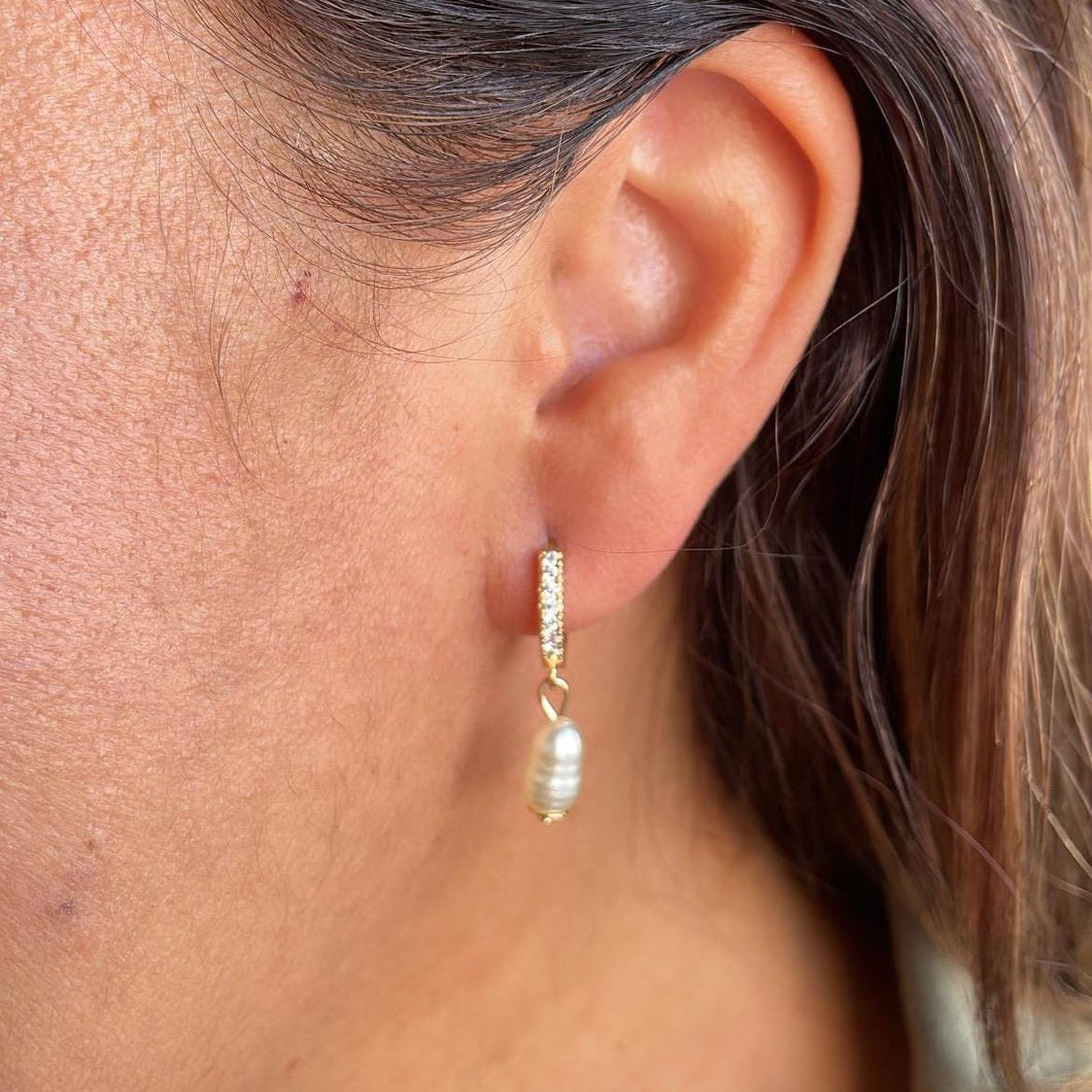 18k Gold Filled CZ Hoop Earring with Dangling Faux Pearl