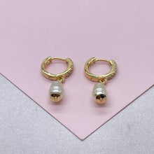 Load image into Gallery viewer, 18k Gold Filled CZ Hoop Earring with Dangling Faux Pearl
