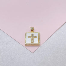 Load image into Gallery viewer, 18k Gold Filled Square Medallion Pendant: CZ Cross, Faux Pearl
