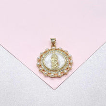 Load image into Gallery viewer, 18k Gold Filled Round Virgin Mary Medallion Pendant Crowned with CZ and Round Rice Pearls, Medallion Necklace, Guadalupe Charm
