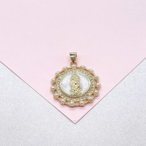 18k Gold Filled Round Virgin Mary Medallion Pendant Crowned with CZ and Round Rice Pearls, Medallion Necklace, Guadalupe Charm