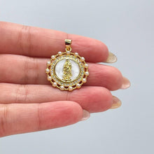 Load image into Gallery viewer, 18k Gold Filled Round Virgin Mary Medallion Pendant Crowned with CZ and Round Rice Pearls, Medallion Necklace, Guadalupe Charm
