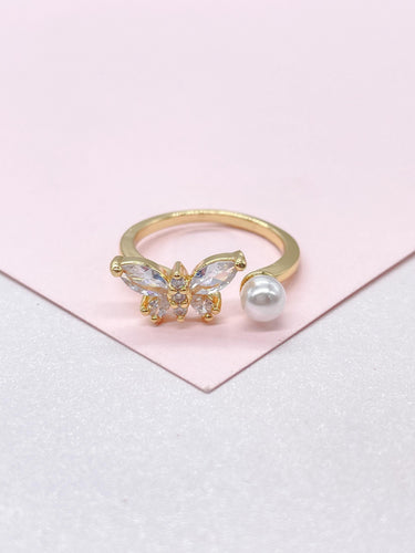 Adjustable 18k Gold Filled Dual Ended Butterfly Ring With CZ and Pearl