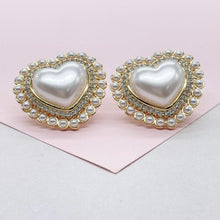 Load image into Gallery viewer, 18k Gold Filled XL Puffy Heart Stud Earrings, Crowned with CZ and Round Rice Pearl
