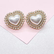 Load image into Gallery viewer, 18k Gold Filled XL Puffy Heart Stud Earrings, Crowned with CZ and Round Rice Pearl
