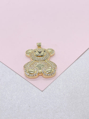 18k Gold Filled Flat, and Puffy CZ Bear Pendant Charm For Jewellery Making Or Necklace