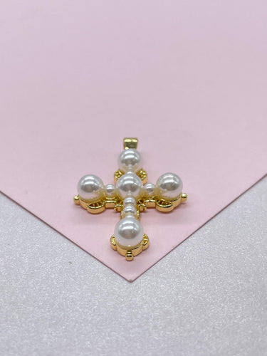 18k Gold Filled Faux all around Pearl Style Cross Pendant