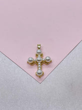Load image into Gallery viewer, 18k Gold Filled Pearl Style Cross Pendant with gold embellishments
