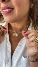 Load image into Gallery viewer, 18k Gold Filled Round Virgin Mary Medallion Pendant Crowned with CZ and Round Rice Pearls, Medallion Necklace, Guadalupe Charm
