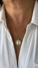 Load image into Gallery viewer, 18k Gold Filled Round Virgin Mary Medallion Pendant Crowned with CZ and Round Rice Pearls, Medallion Necklace, Guadalupe Charm
