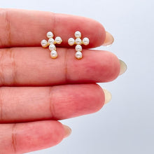 Load image into Gallery viewer, 18k Gold Filled Tiny Cross Beaded Pearl Stud Earring, Christening Jewelry, Cross Earrings, Pearl Cross, Dainty Cross
