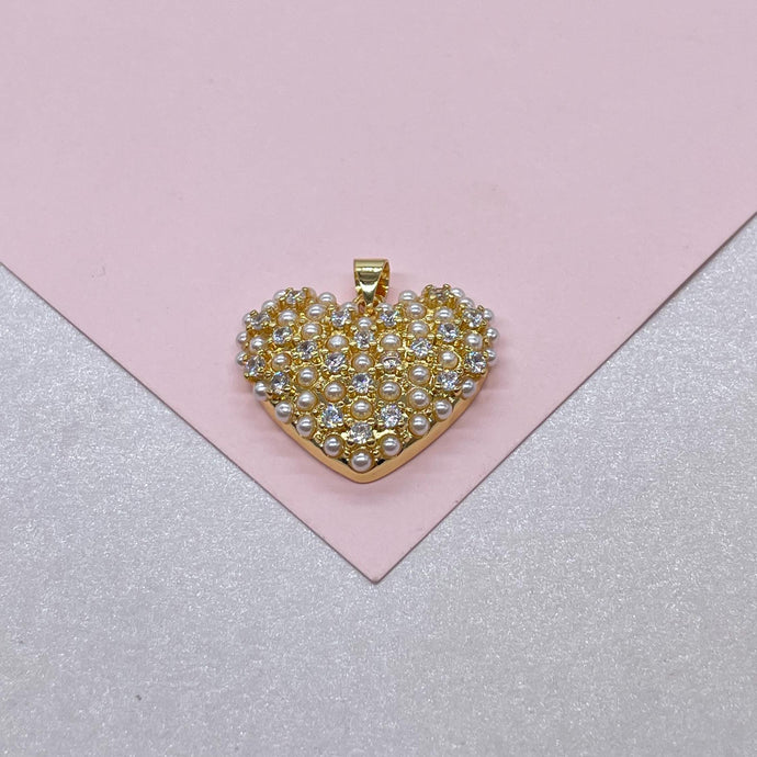 18k Gold Filled Puffy Heart Crowned with Pearl Beads