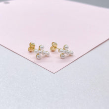 Load image into Gallery viewer, 18k Gold Filled Tiny Cross Beaded Pearl Stud Earring, Christening Jewelry, Cross Earrings, Pearl Cross, Dainty Cross
