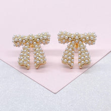 Load image into Gallery viewer, 18k Gold Filled Bow Stud Earring With Engraved Baby Faux Pearl
