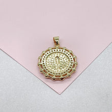 Load image into Gallery viewer, 18k Gold Filled Round Virgin Mary Medallion Pendant Crowned with CZ and Round Rice Pearls, Medallion Necklace, Guadalupe Charm
