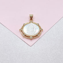 Load image into Gallery viewer, 18k Gold Filled Virgin Mary/Guadalupe Mother of Pearl Medallion Charm with Beveled CZ, Guadalupe Necklace, Virgin Mary Charm
