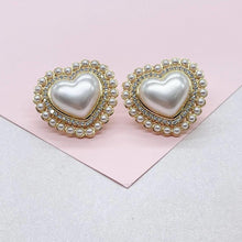 Load image into Gallery viewer, 18k Gold Filled XL Puffy Heart Stud Earrings, Crowned with CZ and Round Rice Pearl
