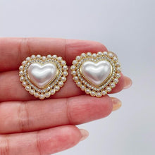 Load image into Gallery viewer, 18k Gold Filled XL Puffy Heart Stud Earrings, Crowned with CZ and Round Rice Pearl
