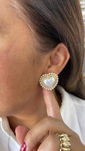 Load image into Gallery viewer, 18k Gold Filled XL Puffy Heart Stud Earrings, Crowned with CZ and Round Rice Pearl
