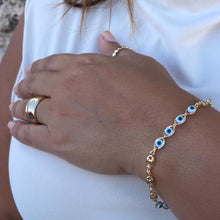 Load image into Gallery viewer, 18k Gold Filled Blue Evil Eye Charm Bracelet with Puffy Mariner Links
