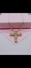 Load image into Gallery viewer, 18k Gold-Filled Box Chain Choker with Baguette Cross Charm and Pearl Cut CZ

