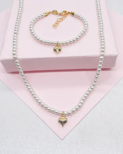 Load image into Gallery viewer, 18k Gold Filled Beaded Choker Necklace and Bracelet with 4mm Pearls and Plain Heart Charm
