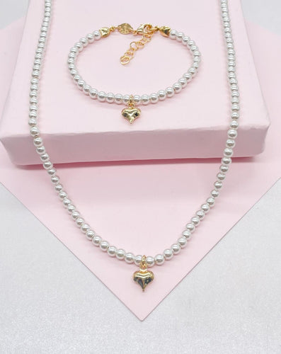 18k Gold Filled Beaded Choker Necklace and Bracelet with 4mm Pearls and Plain Heart Charm