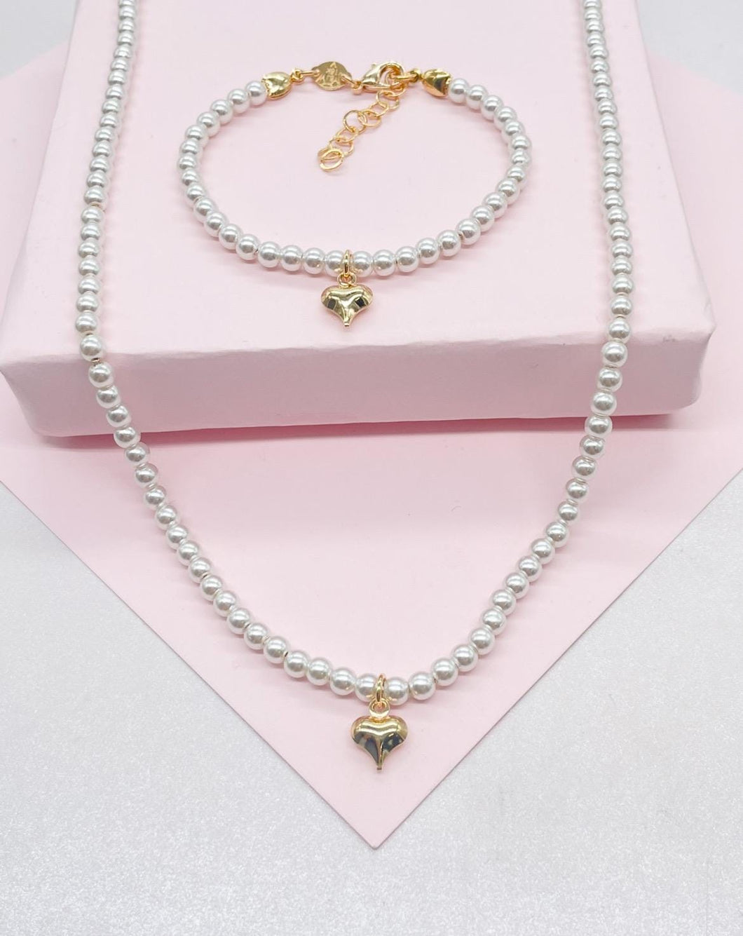 18k Gold Filled Beaded Choker Necklace and Bracelet with 4mm Pearls and Plain Heart Charm