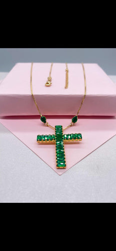 18k Gold-Filled Box Chain Choker with Baguette Cross Charm and Pearl Cut CZ