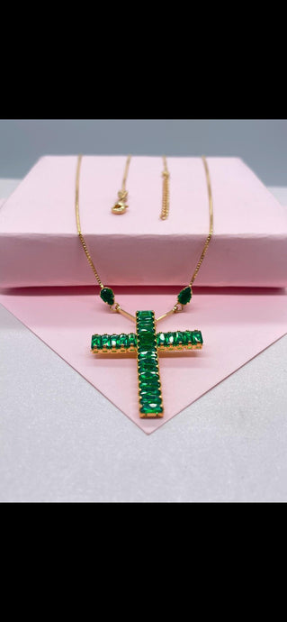 18k Gold-Filled Box Chain Choker with Baguette Cross Charm and Pearl Cut CZ