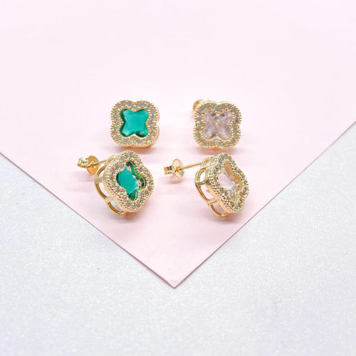 18k Gold Filled CZ Clover Stud Earrings Available in 2 Colors