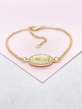 Load image into Gallery viewer, 18k Dainty Gold Filled Rolo Bracelet with Engraved Virgin Mary Medallion Center
