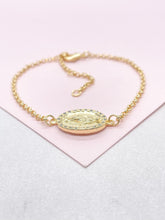 Load image into Gallery viewer, 18k Dainty Gold Filled Rolo Bracelet with Engraved Virgin Mary Medallion Center
