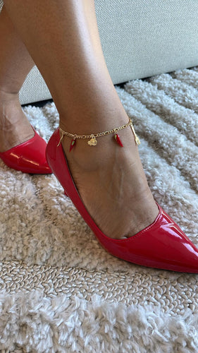 18k Gold Filled Red Pepper, Pumpkin, Fork and Spoon Protection Anklet in a Figaro Chain