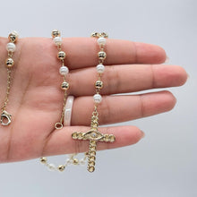 Load image into Gallery viewer, 18k Gold Filled Long Pearl Beaded Rosary Chain with Pave Eye Cross
