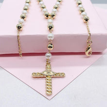 Load image into Gallery viewer, 18k Gold Filled Long Pearl Beaded Rosary Chain with Pave Eye Cross
