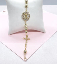 Load image into Gallery viewer, 18k Gold Filled Rosary Bracelet: Virgin Mary, Jesus Crucifix, CZ Medal
