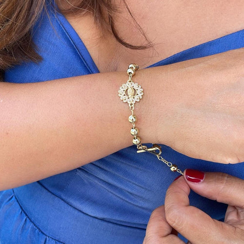 18k Gold Filled Rosary Bracelet: Virgin Mary, Jesus Crucifix, CZ Medal