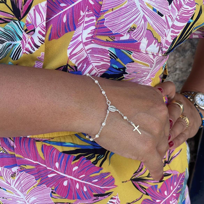 Dainty Silver Filled Beaded Pearl Satellite Rosary Bracelet with Virgin Mary and Crucifix Charm