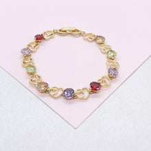Load image into Gallery viewer, 18k Gold Filled Heart Patterned Bracelet with Round Colorful CZ Stones
