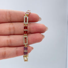 Load image into Gallery viewer, 18k Gold Filled Rectangle Link Bracelet with Colorful Beveled Baguette CZ
