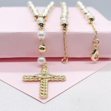 Load image into Gallery viewer, 18k Gold Filled Long Pearl Beaded Rosary Chain with Pave Eye Cross
