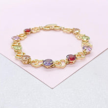 Load image into Gallery viewer, 18k Gold Filled Heart Patterned Bracelet with Round Colorful CZ Stones
