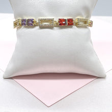 Load image into Gallery viewer, 18k Gold Filled Rectangle Link Bracelet with Colorful Beveled Baguette CZ
