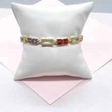 Load image into Gallery viewer, 18k Gold Filled Rectangle Link Bracelet with Colorful Beveled Baguette CZ
