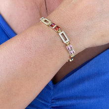 Load image into Gallery viewer, 18k Gold Filled Rectangle Link Bracelet with Colorful Beveled Baguette CZ
