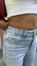 Load image into Gallery viewer, Silver Filled Dainty Curb Link Waist Chain With Medallion Charms and Beveled Stones
