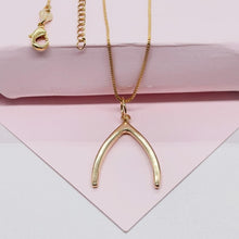 Load image into Gallery viewer, 18k Gold Filled Box Chain Necklace With Minimalistic Luck Bone Pendant Design, Wishbone
