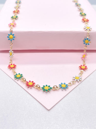 18k Gold Filled Colorful Enamel Multicolored Flower-Patterned Necklace, Summer Jewlery Nature Jewlery, For Her, For Girl