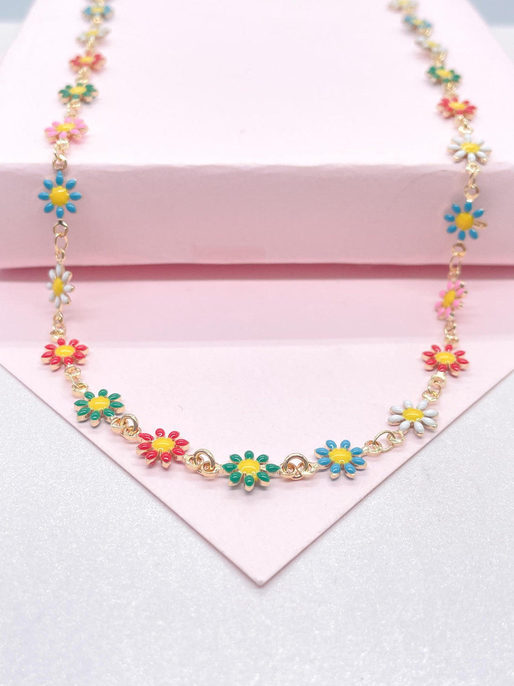18k Gold Filled Colorful Enamel Multicolored Flower-Patterned Necklace, Summer Jewlery Nature Jewlery, For Her, For Girl